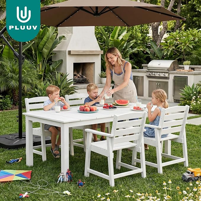 PLUUV 5-Piece Patio Dining Set, Hdpe Outdoor Patio Furniture Set with Aluminum Table Legs & Umbrella Hole, All-Weather Resistant Patio Table Set for Garden, Backyard, 4 Chairs & 1 Table, White