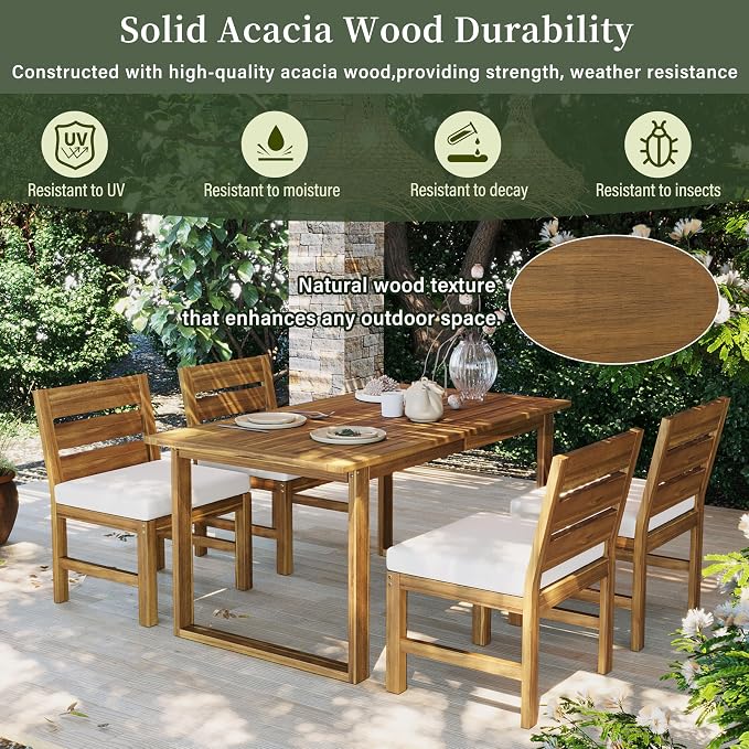 RUNNA Farmhouse 5-Piece Outdoor Patio Dining Set with Adjustable Legs,Acacia Wood Dinning Set for 4,Suitable for Backyard, Garden,or Deck (Beige+Natural)