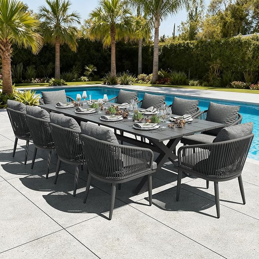 LayinSun 11 Pieces Outdoor Patio Dining Set, Aluminium Rectangular Dining Table and Wicker Rattan Chairs Set for Outside Backyard, Poolside