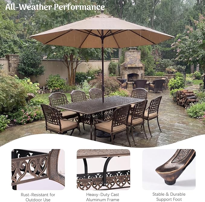 Redlife 9-Piece Cast Aluminum Outdoor Dining Set, 86" Rectangular Patio Table with Umbrella Hole, 2 Swivel Rocker Chairs & 6 Stackable Chairs with Cushion,Lattice Backrest, All-Weather Waterproof