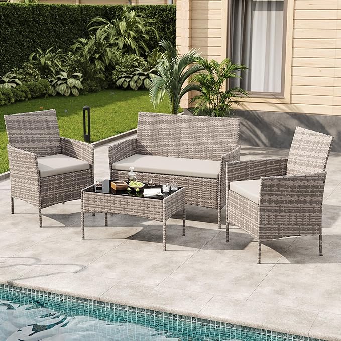 PeakPursuit Patio Furniture Sets 4 Pieces All-Weather Outdoor Furniture PE Rattan Wicker Chairs with Soft Cushion and Glass Coffee Table for Yard Backyard Lawn Porch Poolside Balcony,Grey