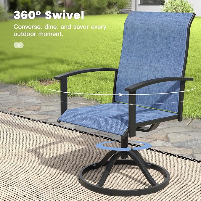 VICLLAX 7 Pieces Patio Outdoor Dining Set, 6 Swivel Textilene Chairs and 53" Round Metal Table with Umbrella Hole for Porch, Deck, Garden, Black/Dark Blue