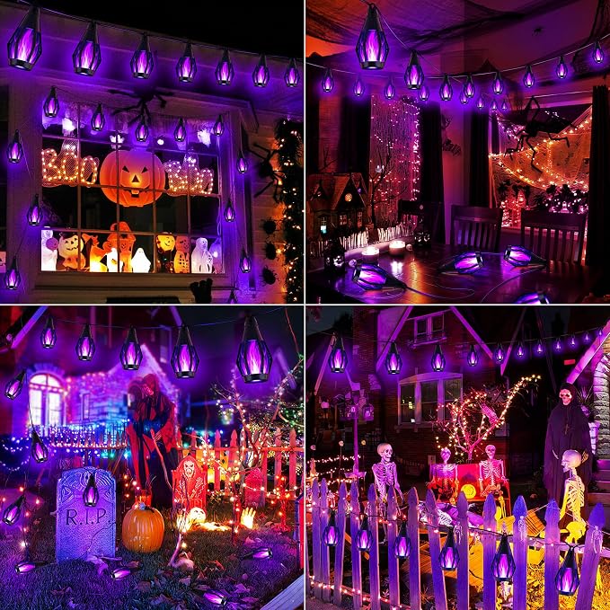 iBaycon 27FT 10 LED Solar Flame Halloween String Lights Outdoor, Purple | Ultra-Real Flickering Flame Lamp Outdoor Waterproof, Solar Patio String Lights for Garden Yard Lawn Halloween Decorations