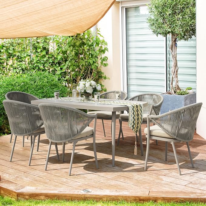 NUU GARDEN Outdoor Dining Table with 1.97" Umbrella Hole, All Weather Metal Outdoor Patio Table, 6-Person Aluminum Slat Rectangle Dining Table, Bistro Table for Garden, Backyard, Beige