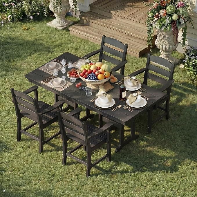 HOPUBUY 5 Pieces Patio Dining Set for 4, 71" HDPE All-Weather Patio Table and Chairs Set with Umbrella Hole, Durable Outdoor Furniture Set for Garden, Backyard, Lawn & Poolside (Black)