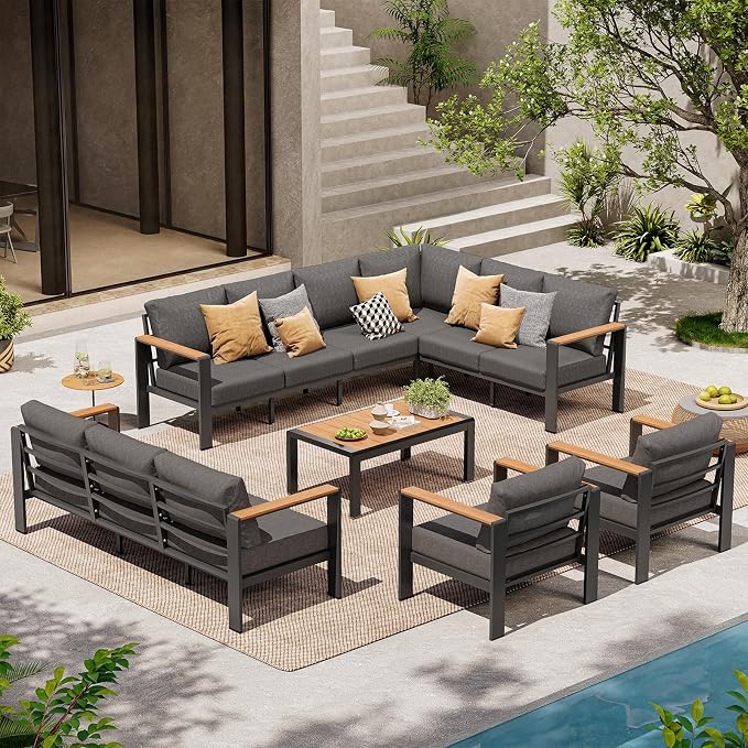 Aluminum Outdoor Patio Furniture Set, 11 Seats Patio Conversation Sets, Oversized Outdoor Sectional with Washable Thick Cushions & Coffee Table for Backyard, Garden and Poolside, Graphite