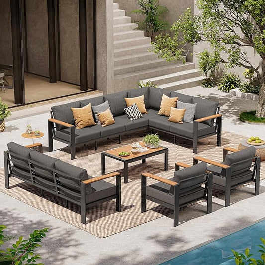 Aluminum Outdoor Patio Furniture Set, 11 Seats Patio Conversation Sets, Oversized Outdoor Sectional with Washable Thick Cushions & Coffee Table for Backyard, Garden and Poolside, Graphite