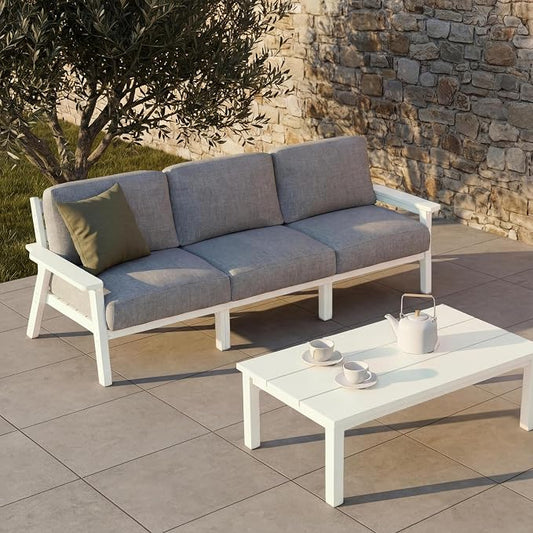 Patio Furniture Set 3 Seats, HDPE Outdoor Sectional with Washable Gray Thick Cushions, Coffee Table & Side Table, Patio Conversation Sets for Lawn, Garden, Porch, Balcony (White Frame)