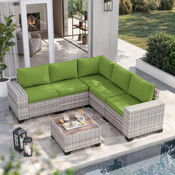 8-Piece Outdoor Patio Furniture Set Wicker Sectional Sofa Set with Ottomans, Patio Conversation Set with Thickened Cushions & Coffee Table for Garden, Backyard, Poolside, Avocado Green