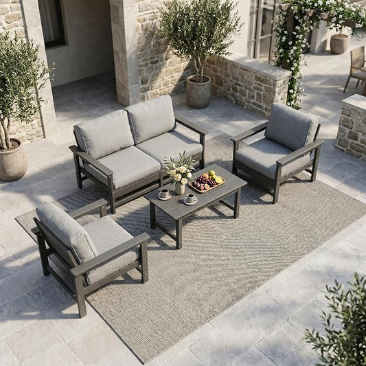 4-Piece Outdoor Patio Furniture Set, Modular HDPE Conversation Set with Loveseat, 2 Armchairs & Large Coffee Table, Waterproof & UV-Resistant Outdoor Sofa with Cushions for Garden