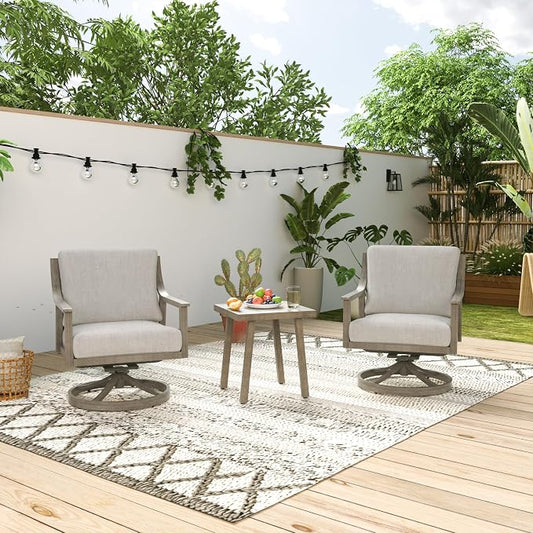 3-Piece Patio Conversation Set Aluminum Swivel for Outdoor Deck,(Grey) | Aluminum Outdoor Conversation Set Includes 1 Side Table and 2 Cushioned Swivel Rocker Chairs