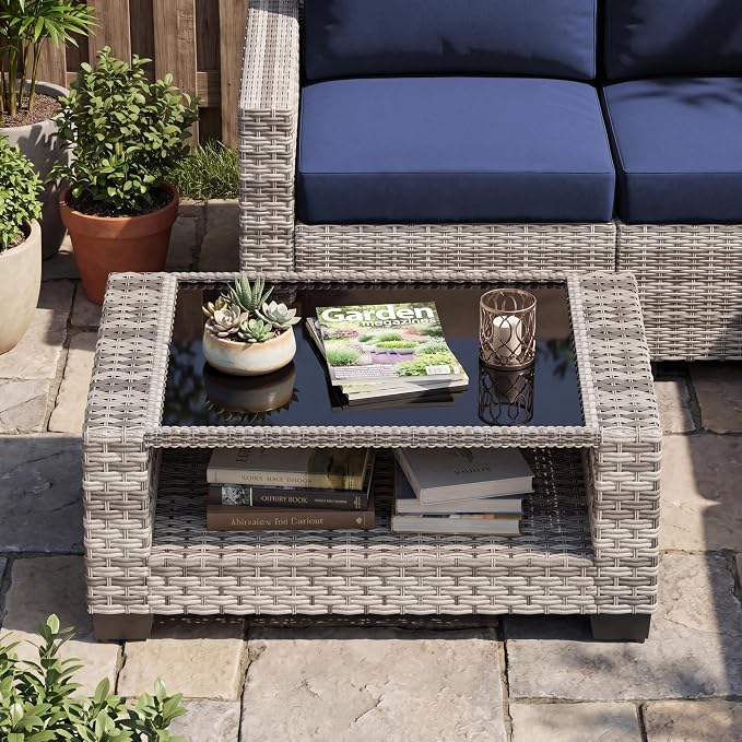 Patio Furniture Set, 7-Piece Outdoor Sectional Couch with Coffee Table & Thick Cushions, Outdoor Wicker Conversation Set for Backyard, Poolside, Garden (Grey White-Navy, 7 Piece-Double)