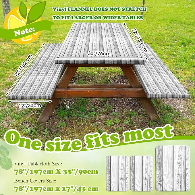 Boao 3 Pcs Vinyl Picnic Table Cover with Bench Cover 6 ft 30 x 72 Inch Waterproof Fitted Tablecloth Flannel Backing Rectangular Elastic Edged for Camping Outdoor Patio Travel(Birch)