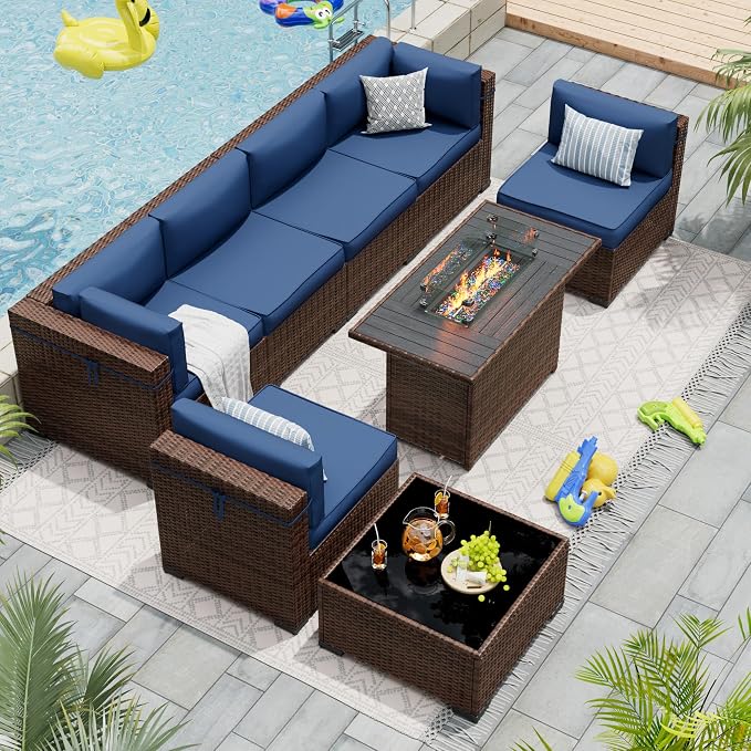 Patio Furniture Set with 44'' Propane Gas Firepit Table, 8 PCS Modular Outdoor Sectional Conversation Sets, All-Weather Wicker Patio Set for Backyard, Navy (Waterproof Covers Included)