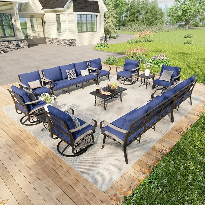 12 Pieces Patio Furniture Set, Metal Outdoor Conversation Sets with Swivel Chairs, Modern Couch Sofa Seating Group with Coffee Table and Side Table (Thick Blue Cushions)