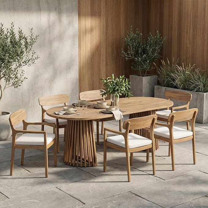 Christopher Knight Home Zoa Acacia Wood Dining Set for 6, Outdoor Dining Table with Dual Slatted Pedestal Bases, Outdoor Dining Chairs with Cushions, 7 Piece Patio Dinner Set, Beige/Light Teak/Brown