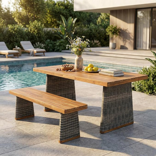 Merax 2-Piece Outdoor Dining Set Acacia Wood, 1 Table + 1 Bench, Slatted Design Tabletop & Woven Rattan Legs, Weather-Resistant Rectangle Patio Dining Set, Grey
