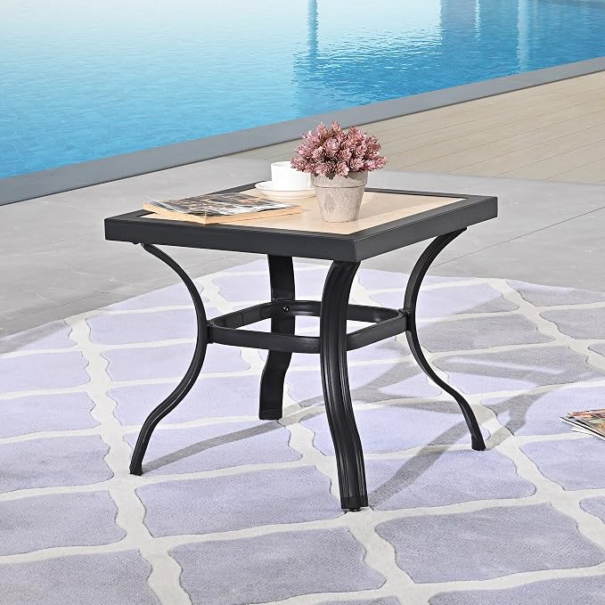LOKATSE Home 21" Outdoor Square Patio Bistro End Table Metal Steel Legs with Ceramics Top, Black