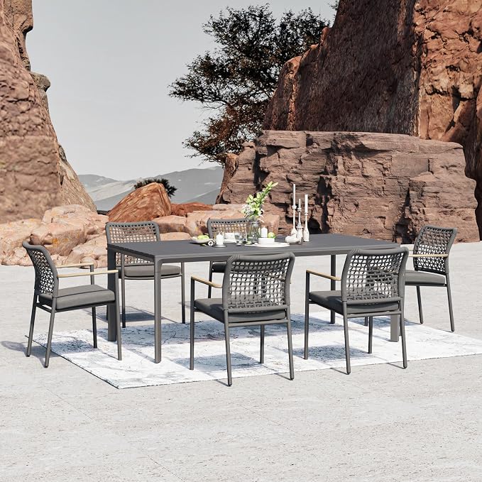Modern Shade 7 Piece Luxury Outdoor Dining Set, Large Outdoor Table and Chairs with Fade Resistant Cushions & Teak Accents, Premium Aluminum Patio Table and Chairs Set for Outdoor Entertaining, Gray