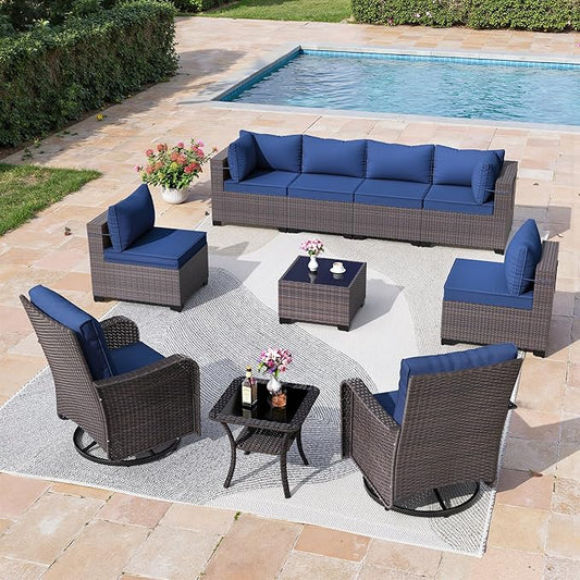 10 Pieces Outdoor Patio Furniture Set,Outdoor Sectional Furniture All Weather PE Rattan Wicker Patio Conversation Set with Coffee Table,Swivel Rocking Chairs Set,Navy Blue