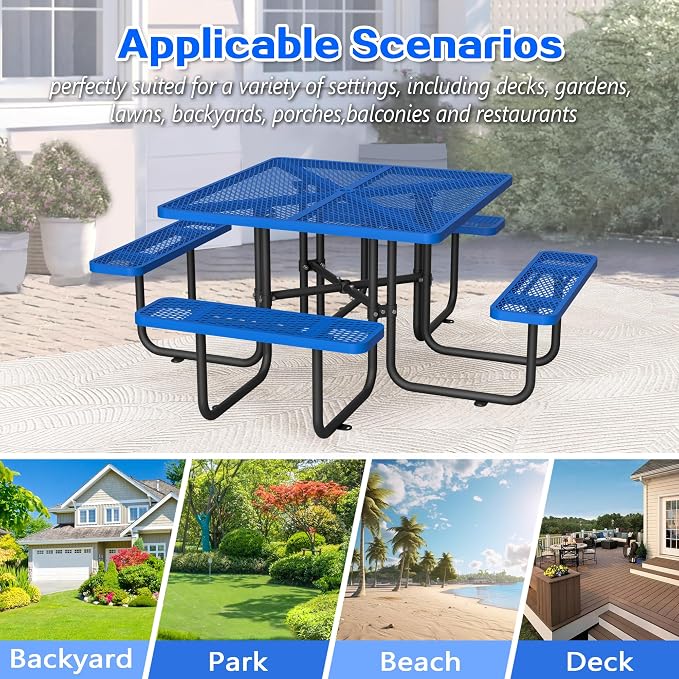 46'' Heavy Duty Outdoor Picnic Table - Commercial Grade Square Steel Picnic Table Set, Umbrella Hole, Rust-Resistant Metal Mesh Tabletop for Patio, Garden, Park, BBQ - Blue