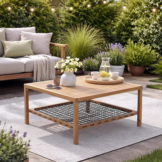 Christopher Knight Home Outdoor Acacia Wood Coffee Table with Woven Rope Storage Shelf Square Patio Coffee Table 35.43 Inch for Balcony Backyard Poolside Natural Wood Finish