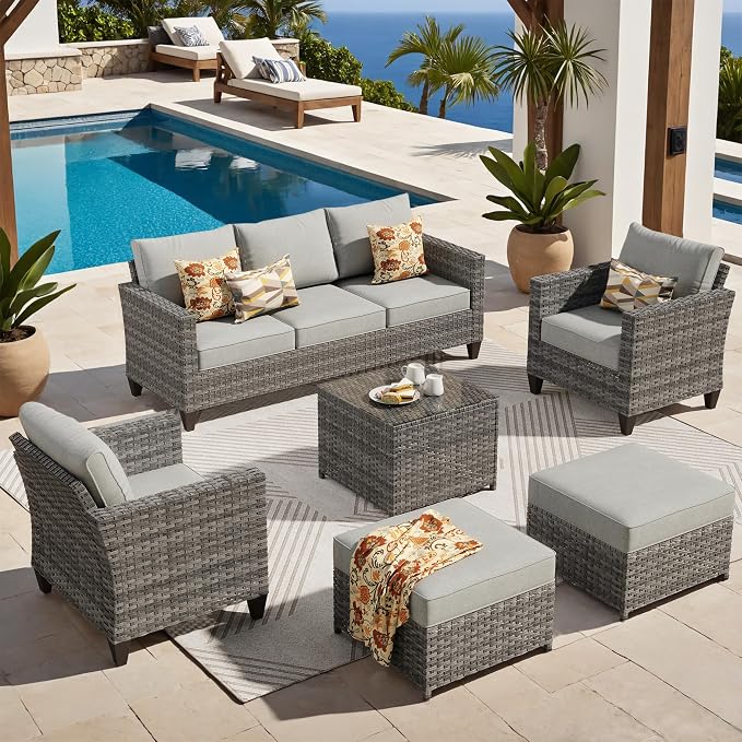 ovios 6 Pieces Patio Furniture Set, Outdoor Wicker Sofa Couch with Glass Table Comfy Cushions, All Weather Grey Rattan Conversation Set for Backyard Deck Porch, Dark Grey