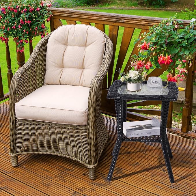 18" Patio Rattan Wicker Side Tables,Outdoor Square Wicker End Table,Waterproof Patio Coffee Side Table,Outside Storage Coffee Tables,with Glass Top,for Garden Porch Poolside Deck Backyard (Black)