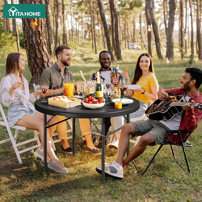 YITAHOME 48 Inch Round Folding Table for Outdoor/Indoor, Heavy Duty Folding Plastic Table w/Thick Table Top and Sturdy Metal Frame, Ideal for Party Picnic Camping BBQ Events, Black