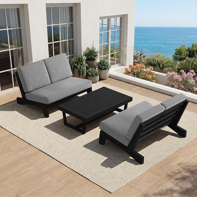 All Weather Patio Furniture Sets, 3 Pieces Black Wood Patio Loveseat Sofa Outdoor Sectional Futniture Backyard Conversation Set with Solid Wooden Coffee Table - Grey