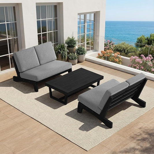 All Weather Patio Furniture Sets, 3 Pieces Black Wood Patio Loveseat Sofa Outdoor Sectional Futniture Backyard Conversation Set with Solid Wooden Coffee Table - Grey
