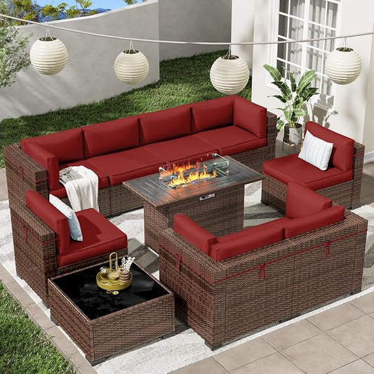 Patio Furniture Set with 44'' Propane Gas Firepit Table, 10 PCS Modular Outdoor Sectional Conversation Sets, All-Weather Wicker Patio Set for Backyard, Wine (Waterproof Covers Included)