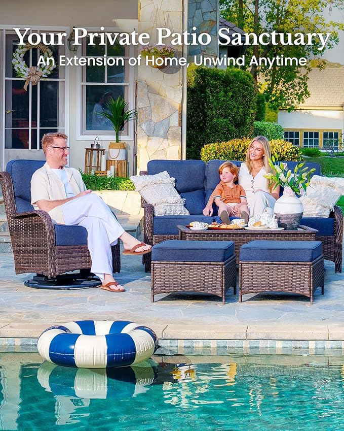 HILLGA 6-Piece Luxury Patio Furniture Set with 6" Thick Cushions, Weather-Resistant Wicker High Back Swivel Rocker Chairs, Senior-Friendly Outdoor Sofa Set for Large Deck, Yard and Poolside, Blue(V2)