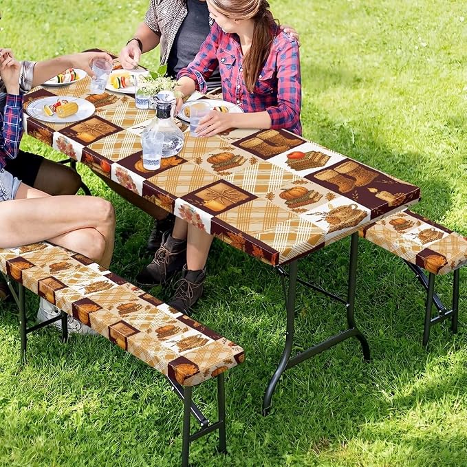 Fall Picnic Table Cover with Bench Covers 3 Piece Set 30 x 94 Inch Picnic Foldable Picnic Table and Bench Fitted Tablecloth Cover for Outdoor BBQ Holiday Party Camping