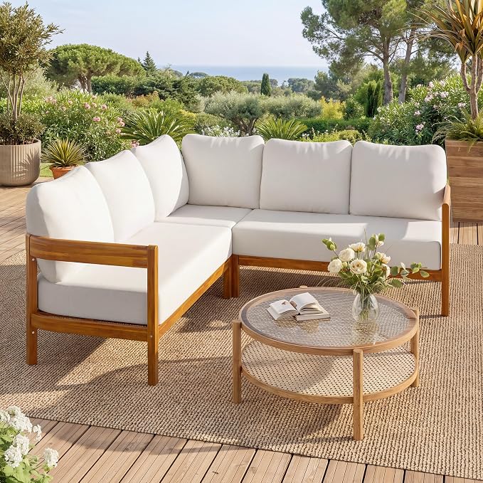 Outdoor Patio Conversation Furniture Set, Acacia Solid Wood Patio Furniture Set with 6 Soft Seat Cushions and Backpack, L-Shaped Outdoor Corner Sofa with Arc Frame for Backyard, Garden (White/16)
