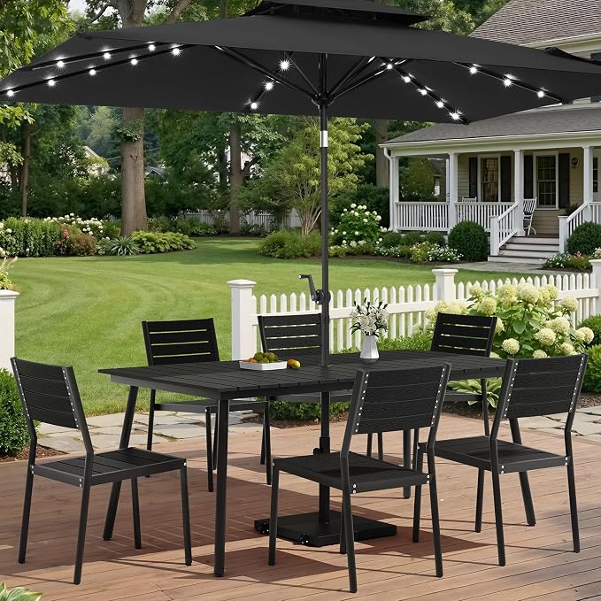 7-Piece Outdoor Dining Set for 6 Person with Black Wood-Grain Top | Armless Stackable Chairs with 19.4" Seat Depth, Aluminum Frame Dining Furniture with Umbrella Hole for Deck, Porch & Backyard