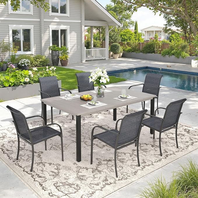 DIFY 7 Pieces Outdoor Patio Dining Set for 6, 63" Grey Wood-Like Rectangle Metal Dining Table and 6 Grey Stackable Sling Dining Chairs, Outdoor Table and Chairs for Lawn Garden Backyard Deck