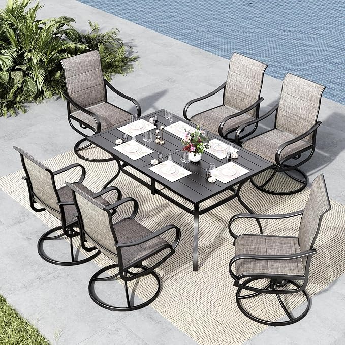 MFSTUDIO Outdoor Dining Set for 6, Metal Table w/Padded Swivel Chairs | Padded textilene, Ergonomic High back, Rectangular, Umbrella hole, Weather-reistant, Patio deck garden backyard