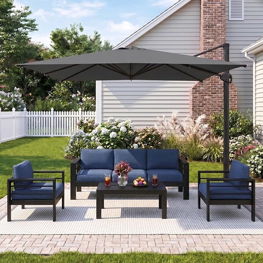 Wisteria Lane 5 Pieces Aluminum Patio Furniture Set with Umbrella, All Weather Oversized Outdoor Furniture Set with Deep Seat and Back Cushion, Patio Conversation Sets with Wide armrest, Blue & Gray