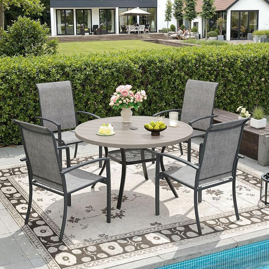 DIFY 5 Pieces Outdoor Dining Set for 4, 40.6" Round Dining Table with Umbrella Hole and Textilene Stackable Patio Chairs, Metal Patio Table and Chairs Set for Garden Backyard Poolside, Grey Wood-Like