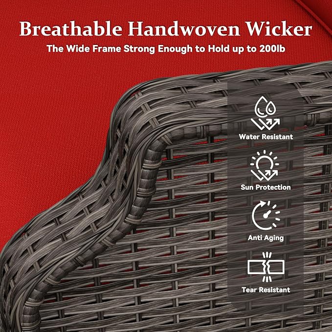 3 Pieces Patio Furniture Set, Outdoor Furniture Set with 1 Wicker Sofa, 2 PE Rattan Ottoman, Thick Cushions, Ideal for Backyard, Garden, Poolside, Red