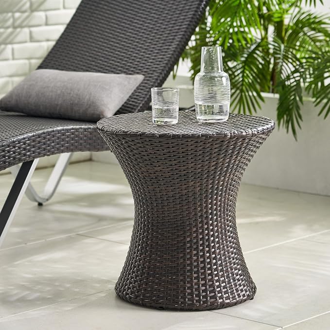 Outdoor Wicker Side Table, Lightweight & Water-Resistant All-Weather, Small Rattan End Table Hourglass Shape Wicker Patio Table, for Patio Porch Living Room, Brown