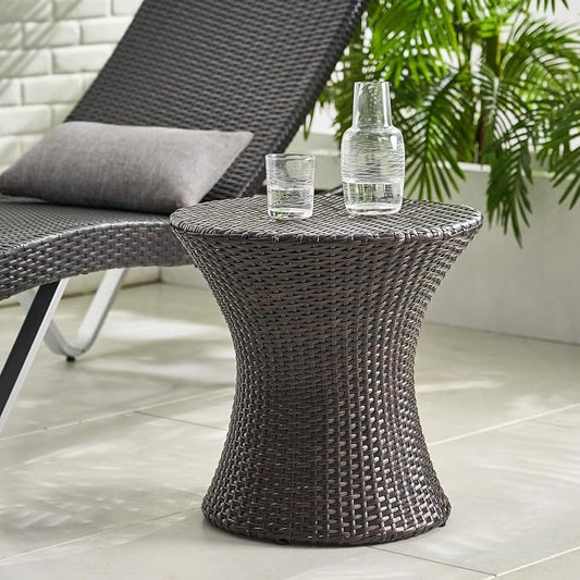 19-Inch Hourglass Outdoor Side Table (No Glass Top) - Brown, Space-Saving & Durable Wicker Design
