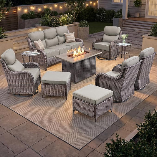 Luxury Patio Furniture Set 10pcs with 6-inch Thick Cushion, Outdoor Furniture with Fire Pit Table, Swivel Chairs, Sofa, Side Table, Ottomans, Patio Set for Deck Yard Brown Wicker | Grey Cushions