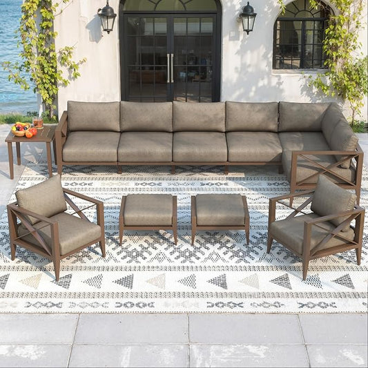 Aluminum Outdoor Patio Furniture Set with 5.2" Thick Cushions, 11-Piece Outdoor Sectional with Ottomans, Patio Conversation Sets for Backyard,(Brown,5 Seats)