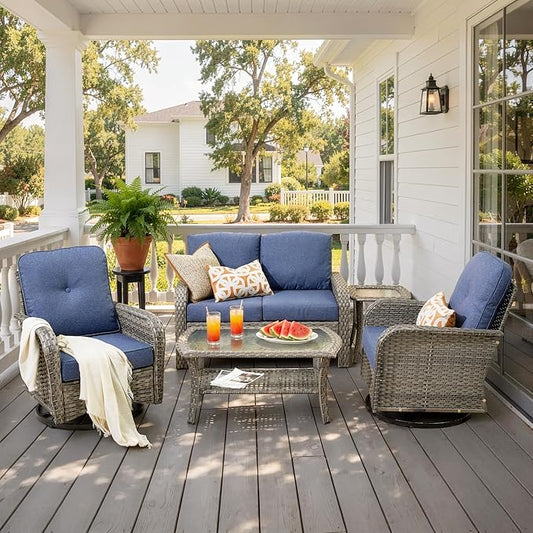 5-Piece Patio Furniture Set, Outdoor Wicker Furniture with Coffee Table, High Back Swivel Rocker Patio Chairs, Modern Rattan Outdoor Chairs Conversation Set for Porch, Balcony, Garden, Denim Blue