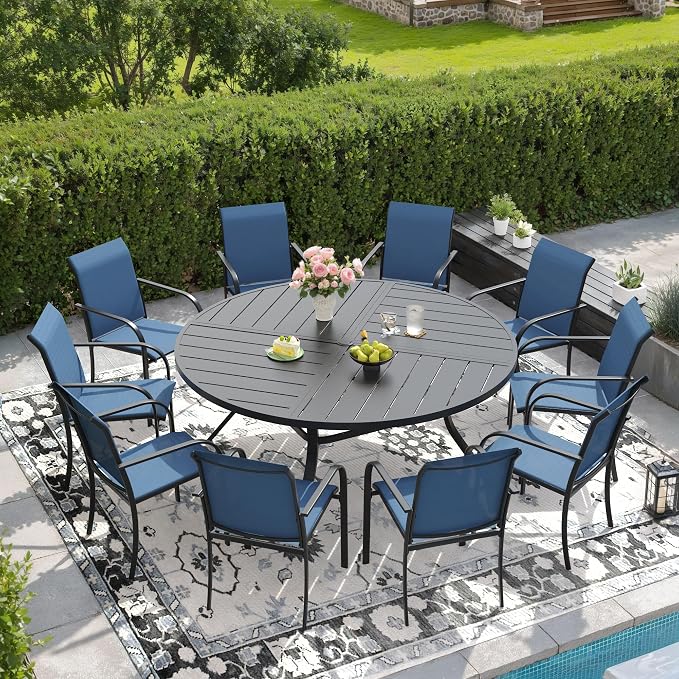 DIFY Patio Dining Set for 10, 11 Piece Outdoor Table and Chairs Set, 59.8" Black Round Metal Patio Dining Table and 10 Blue Textilene Stackable Patio Chairs, for Backyard Garden Poolside