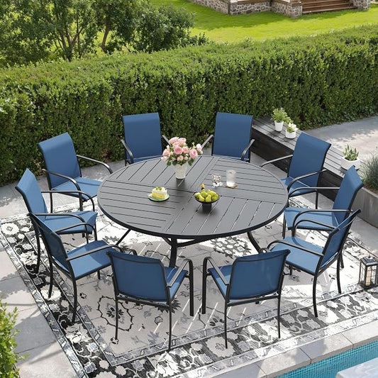 DIFY Patio Dining Set for 10, 11 Piece Outdoor Table and Chairs Set, 59.8" Black Round Metal Patio Dining Table and 10 Blue Textilene Stackable Patio Chairs, for Backyard Garden Poolside