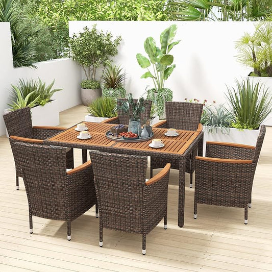 7 Pieces Patio Wicker Dining Set Outdoor Dining Set, Patio Furniture Set with Acacia Wood Table and Chairs, Garden Dining Table Set for Desk, Poolside, Backyard (Brown)