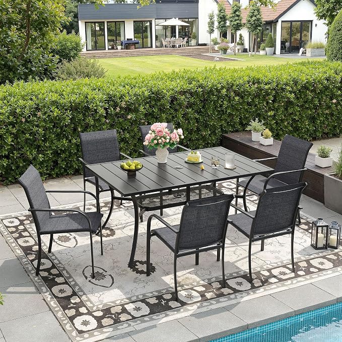 DIFY 7 Pieces Outdoor Patio Dining Set for 6, 59.2" Black Rectangle Metal Dining Table and 6 Grey Stackable Textilene Patio Chairs, Outdoor Table and Chairs for Backyard Garden Poolside